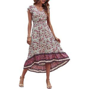 Women's Summer Maxi Dress Casual Floral V Neck Cap Sleeves Boho High Low Midi